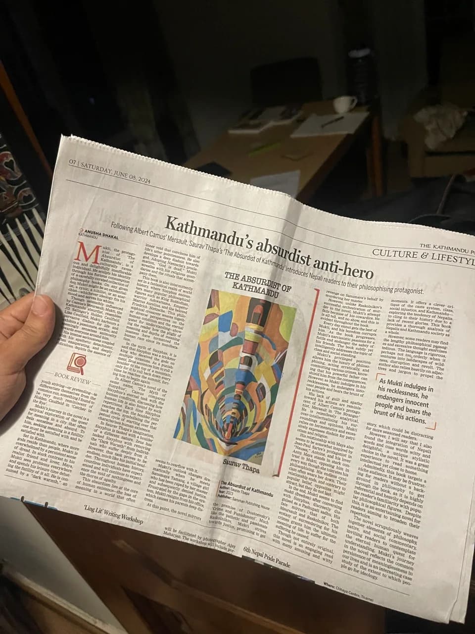 The Kathmandu Post, 8 June 2024, headline and review of The Absurdist of Kathmandu by Anusha Dhakal.